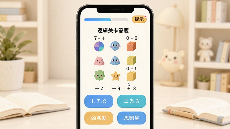 爱启思维星逻辑关卡答题界面,手机屏幕中央显示一道图形推理题,四个选项按钮排列在下方,屏幕上方有进度条与提示按钮,背景为柔和的米白色学习场景,画面干净明亮