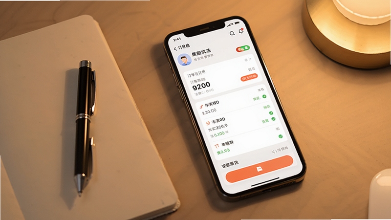 一部手机屏幕展示集配优选客户端的订单汇总页面,旁边有笔记本和笔,背景为暖色调办公桌面,画面干净整洁,突出订单管理功能