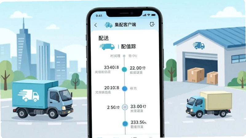 手机界面显示集配优选客户端的配送进度时间轴,背景为城市配送车辆与仓库的插画风格,色调清爽,突出物流跟踪的便捷感