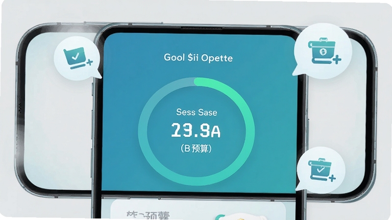 时光财囊预算提醒功能展示,手机屏幕显示环形进度条与预算剩余金额,界面配色以蓝绿色为主,画面角落有柔和的提示气泡图标,背景为浅灰色纯色底,整体呈现清爽的数据可视化风格