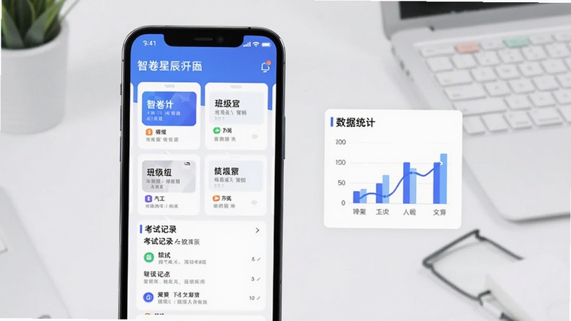 智卷星辰多班级管理界面示意图,手机屏幕显示班级卡片列表与考试记录,旁边有数据统计小图表,背景为简洁的办公桌面,风格现代扁平化,主色调为蓝白色