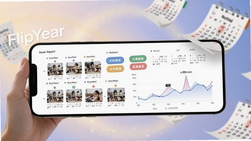 画面展示FlipYear生成的年度报告长图在手机屏幕上展开,长图包含月份缩略图、关键词标签与心情曲线图表,背景为柔和光晕与飘落的日历页,整体构图突出报告生成与分享的便捷感
