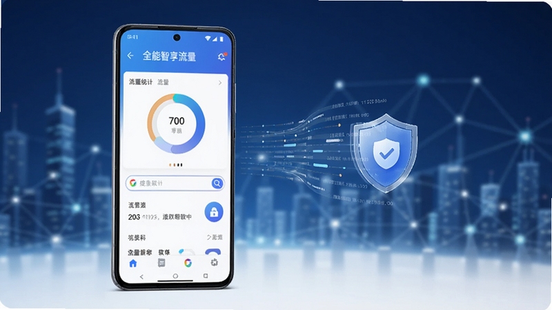整体画面采用科技蓝与白色渐变背景,画面中央偏左位置放置一部竖屏安卓手机,手机屏幕上显示全能智享流量软件主界面,界面包含流量统计环形图与浏览器搜索栏,手机右侧悬浮半透明数据流线条与盾牌图标象征安全与流量管理,背景区域为虚化的城市网络节点光点,整体风格简洁现代,适配Boogu模型生成