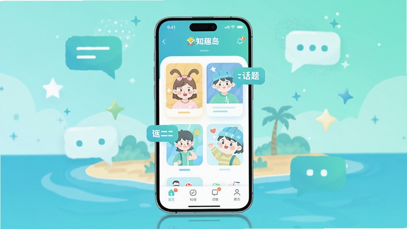 整体画面采用清新明快的蓝绿色调,中心位置放置一部智能手机,屏幕显示知趣岛应用主界面,界面中有趣味卡片和话题气泡元素,背景区域为柔和渐变的海岛插画风格,四周点缀抽象的对话气泡与星星点点,整体构图简洁现代,适合应用商店展示风格,高清质感,扁平化插画与UI结合