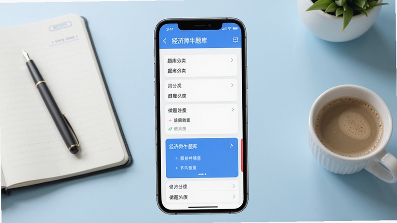 经济师牛题库软件主界面全貌展示,画面中央为手机屏幕内题库分类列表与做题进度卡片,背景为浅蓝色渐变书桌场景,旁边摆放笔记本与咖啡杯,整体风格清爽商务,突出备考学习氛围