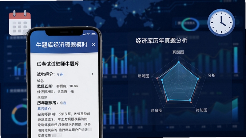 经济师牛题库历年真题模考页面,手机屏幕展示试卷得分与雷达图分析,背景为深蓝色数据可视化风格,点缀日历与时钟图标,体现考试倒计时氛围
