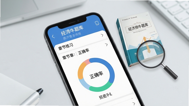 经济师牛题库章节练习界面特写,手机屏幕显示章节列表与正确率环形图,旁边悬浮教材与放大镜元素,背景为淡灰色办公桌面,画面干净利落