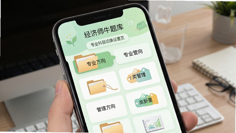 经济师牛题库专业科目切换设置页,手机屏幕显示多个专业方向选项卡,背景为浅绿色清新风格,配以文件夹与标签元素,体现分类管理的条理性