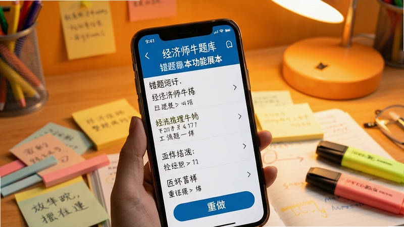 经济师牛题库错题本功能展示,手机屏幕呈现错题列表与重做按钮,背景为暖橙色学习场景,桌面散落彩色便签与荧光笔,突出整理归纳的学习气息