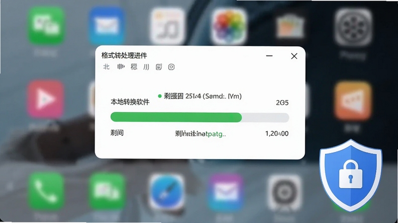 画面主体为格式转换通软件转换进度界面特写,位于画面中心,界面显示绿色进度条与剩余时间提示,背景区域为模糊的手机桌面环境,画面右下角放置一个盾牌图标象征本地处理安全,整体风格清晰直观,突出转换过程稳定可靠