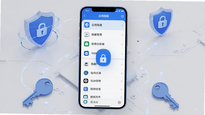 应用自动隐藏软件主界面展示,画面中心为一部智能手机,屏幕显示应用隐藏管理列表和密码锁图标,背景为简约的浅灰色科技风格,四周散落盾牌和钥匙元素,整体色调以蓝白为主,突出隐私安全主题,适配Boogu模型生成
