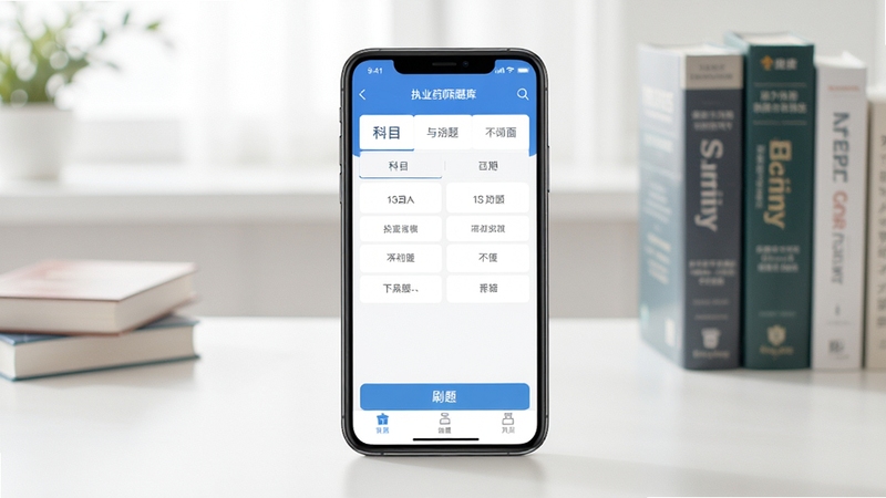 执业药师刷题库软件主界面全貌展示,画面主体位于屏幕中央,呈现手机APP首页的科目选择与刷题入口,背景区域为简洁的书桌与药学书籍氛围,整体风格清爽明亮,适配Boogu模型生成