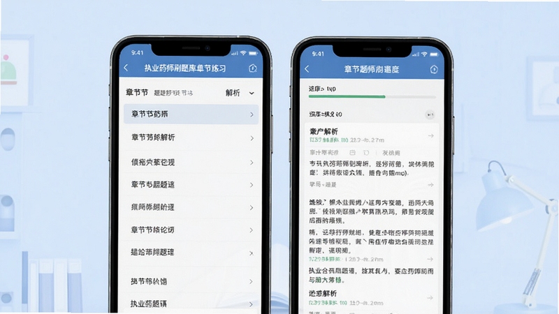 执业药师刷题库章节练习页面,手机屏幕展示章节列表与题目解析界面,画面主体居中,背景为淡蓝色学习氛围,细节包含题库进度条与解析文字,整体风格简洁专业