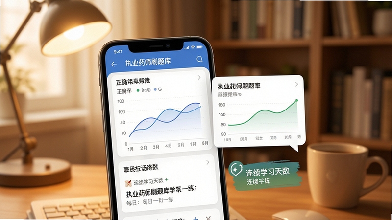 执业药师刷题库学习统计与每日一练界面,画面主体为手机屏幕上的数据图表与题目卡片,背景为柔和的书房光线,细节包含正确率曲线与连续学习天数标识,整体风格温暖舒适