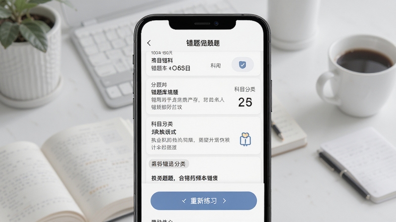 执业药师刷题库错题本功能界面,画面主体为手机屏幕上的错题列表与重新练习按钮,背景区域为浅灰色学习场景,细节包含错题数量统计与科目分类标签,整体风格清新素雅