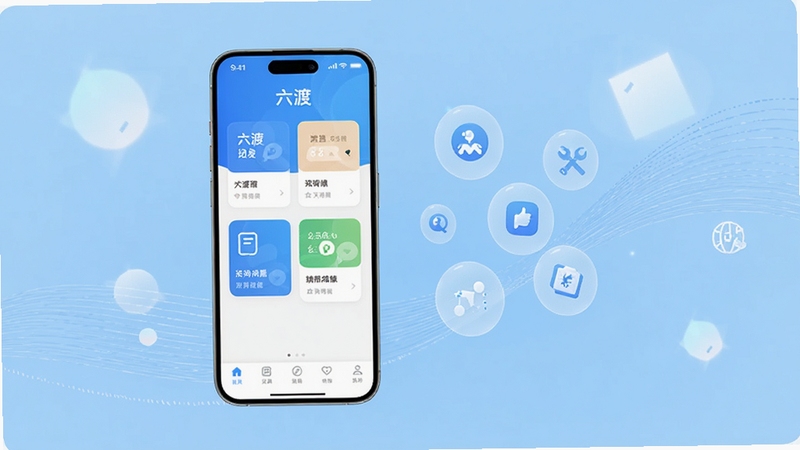 整体画面以浅蓝色渐变背景为主,画面中央偏左位置放置一部竖屏智能手机,手机屏幕上显示六渡应用主界面,界面包含清晰的卡片式功能入口与底部导航栏,手机右侧漂浮若干半透明的圆形功能图标代表工具与信息服务,背景区域点缀柔和的几何光斑与流线装饰,整体风格简洁现代,突出移动端应用全貌,画面比例适合横版展示