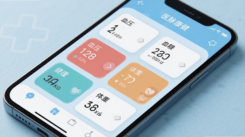 医脉康健应用首页健康数据记录界面展示,手机屏幕中排列血压血糖体重等指标卡片,浅蓝色医疗风格背景,简洁清爽的扁平化UI设计,柔和光线,高清细节
