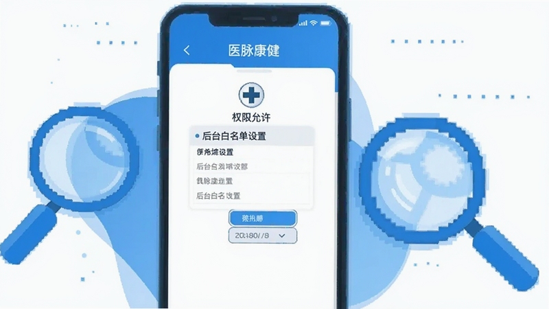 医脉康健移动端安装设置操作示意图,手机屏幕展示权限允许与后台白名单设置界面,旁边有放大镜和齿轮图标,科技蓝配色,扁平插画风格,清晰直观