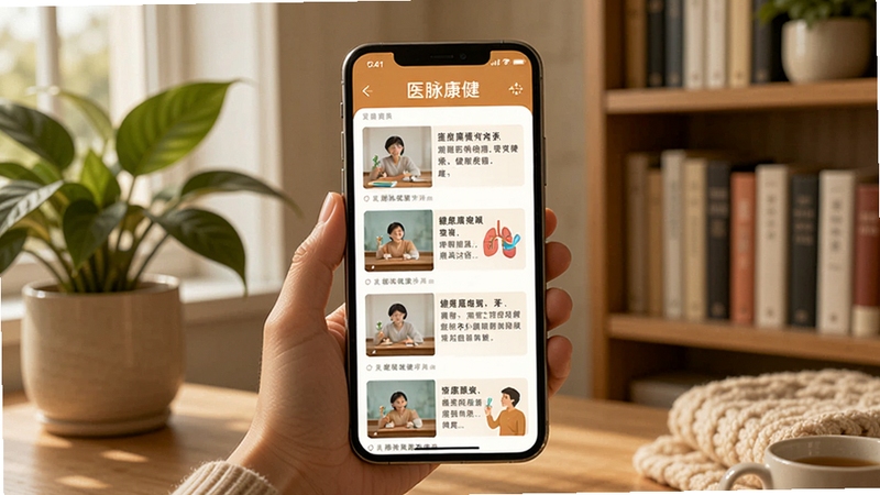 医脉康健健康科普阅读页面场景,手机屏幕显示图文并茂的健康文章列表,暖色调阅读界面,周围有绿植和书架元素点缀,温馨舒适的生活化氛围