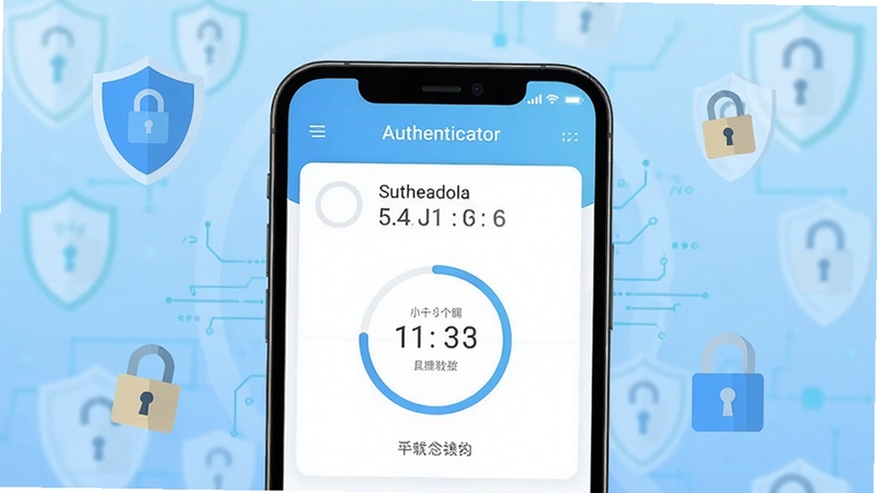 验证器Authenticator应用主界面展示,画面中央为手机屏幕特写,屏幕内呈现简洁的验证码列表与倒计时圆环,背景为浅蓝色渐变科技感空间,四周点缀盾牌与锁形图标,整体风格清爽扁平化,适合软件下载站展示