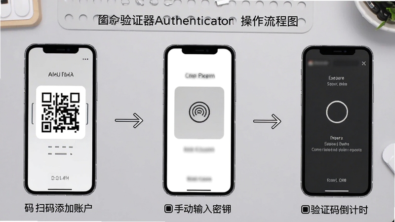 验证器Authenticator操作流程图,画面以手机界面分步展示扫码添加账户、手动输入密钥、验证码倒计时三个场景,背景为柔和的浅灰色工作台面,配以简洁箭头引导,整体风格教程化、清晰易读