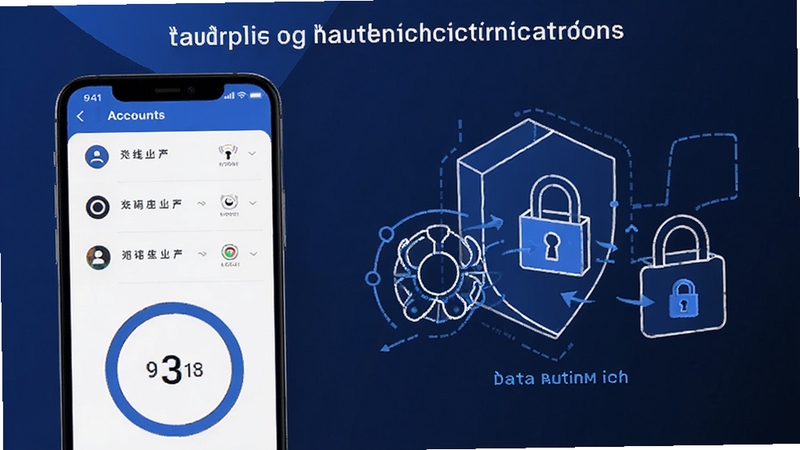 验证器Authenticator功能展示图,画面左侧为手机界面呈现多个账户令牌列表与动态验证码倒计时环,右侧以线条插画形式表现数据加密与离线生成的抽象概念,整体配色以蓝白为主,风格现代简约