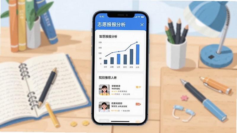 高考志愿AI软件主界面展示,画面中央为手机屏幕呈现志愿填报分析图表与院校推荐列表,背景为书桌场景配有笔记本和文具,整体色调清新明亮,扁平化插画风格,突出智能科技感与教育氛围