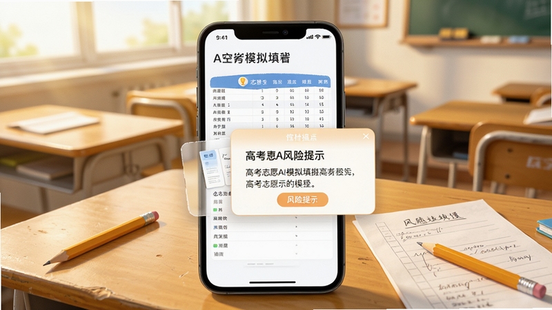 高考志愿AI模拟填报功能展示,手机界面呈现志愿表编排页面与风险提示弹窗,背景为教室课桌场景,有铅笔和草稿纸,光线柔和,教育主题插画风格