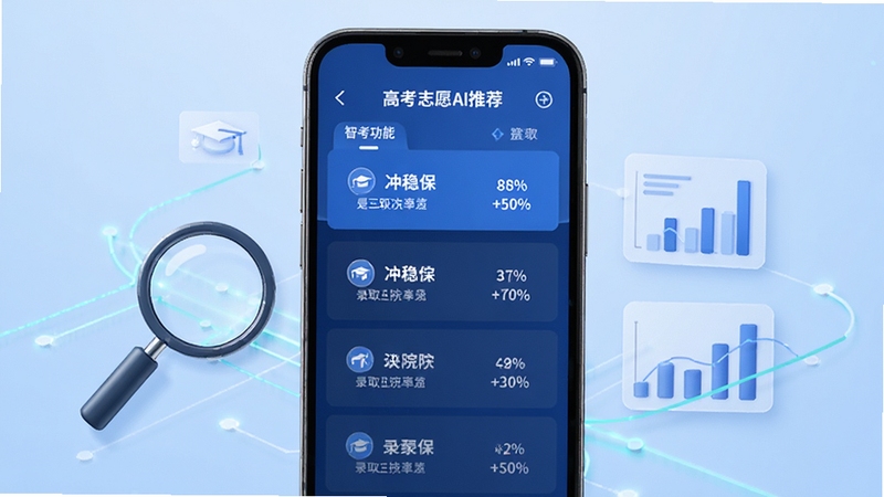 高考志愿AI智能推荐功能界面,手机屏幕显示冲稳保三档院校列表与录取概率百分比,旁边配有放大镜和数据图表元素,背景为浅蓝色渐变,科技感线条装饰,画面简洁现代