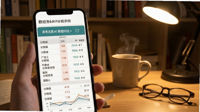高考志愿AI数据对比界面,手机屏幕展示多所院校分数线对比表格与趋势折线图,背景为书房环境,桌面有咖啡杯和眼镜,暖色调光线,写实风格突出数据查询场景