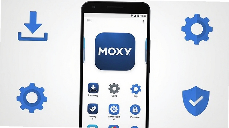 整体画面以一部竖屏安卓手机为中心,屏幕中展示 Moxy 应用的主界面布局,界面风格简洁清爽,背景为柔和浅灰渐变,四周环绕下载箭头、齿轮设置、盾牌安全等扁平化图标元素,构图居中对称,色调以蓝白为主,突出工具类软件的实用与轻量感,适合下载站配图使用