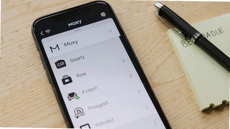 展示 Moxy 应用内部设置页面的示意图,画面中手机屏幕呈现分区清晰的列表布局,左侧为图标,右侧为文字说明,背景为浅色木纹桌面,旁边放置一支笔和便签纸,营造日常整理与规划的氛围,构图自然,光线柔和