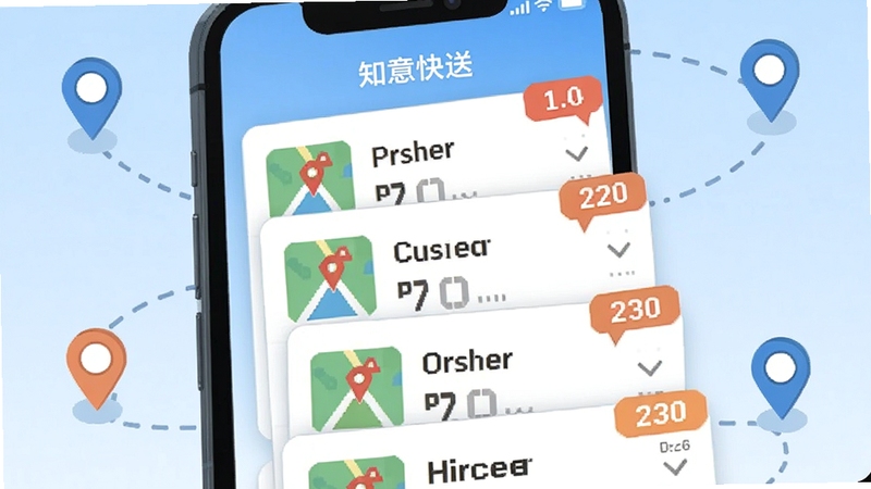 知意快送应用界面特写,手机屏幕中多个订单卡片以层叠方式呈现,卡片上有地图小图标与数字标签,背景为浅蓝色渐变,四周点缀定位图钉与路线虚线,整体为简洁矢量插画风格,色彩清爽,细节丰富