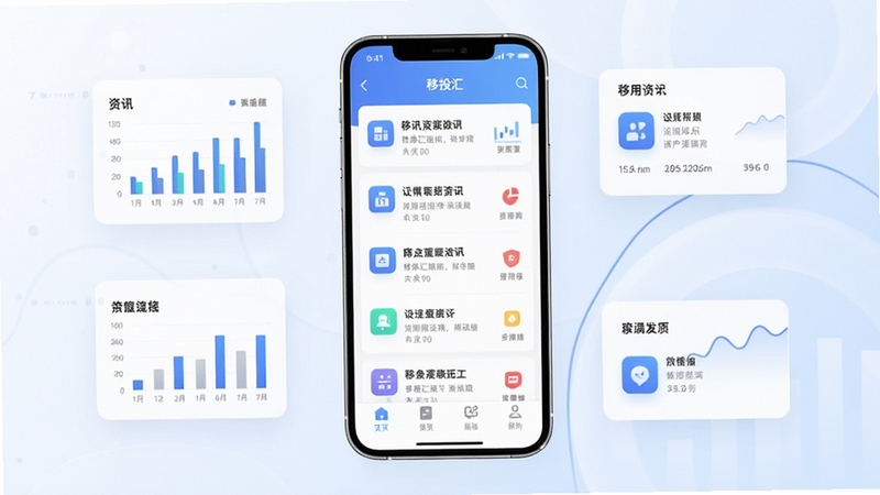 移投汇应用整体界面展示,手机屏幕居中放置,屏幕内呈现简洁的资讯列表与功能图标布局,背景为浅色渐变商务风格,周围点缀数据图表与信息卡片元素,画面干净明亮,突出移动端应用视觉全貌
