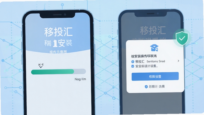 移投汇移动端安装操作示意图,手机屏幕显示安装进度条与权限设置弹窗,画面采用扁平化插画风格,背景为浅蓝色科技感网格,突出安装步骤与安全提示元素