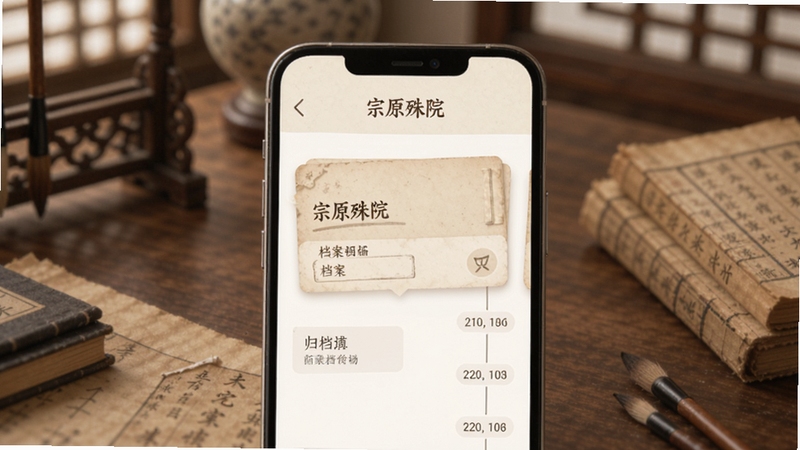 宗原殊院app个人数据记录归档功能展示,手机界面中显示档案卡片与时间轴排列,整体色调柔和,背景为书桌与古籍元素,画面主体清晰,适配Boogu模型生成