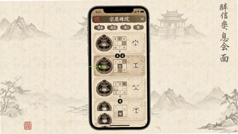 宗原殊院app多类排盘信息整合界面展示,手机屏幕中呈现古朴风格的盘面列表与图形标注,背景为淡雅宣纸纹理,画面主体居中,适配Boogu模型生成