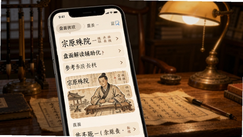 宗原殊院app盘面解读辅助参考页面展示,手机屏幕中呈现文字条目与古籍插图搭配的版式,背景为暖色灯光下的案头场景,画面主体居中偏左,适配Boogu模型生成