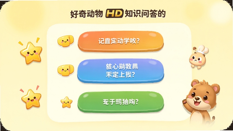 好奇动物HD知识问答界面,画面中央显示一道关于动物习性的选择题,选项以彩色按钮呈现,旁边有星星奖励图标与鼓励动画元素,背景为浅黄色柔和渐变,整体风格简洁友好,突出互动答题的轻松氛围