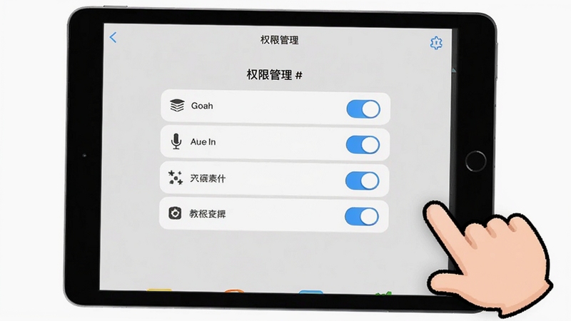 好奇动物HD平板端设置界面示意图,画面展示一台平板设备屏幕内的权限管理页面,包含存储、麦克风等开关选项,界面布局清晰,背景为浅灰色简约风格,旁边有卡通小手指示操作位置,整体突出教程指引的直观性