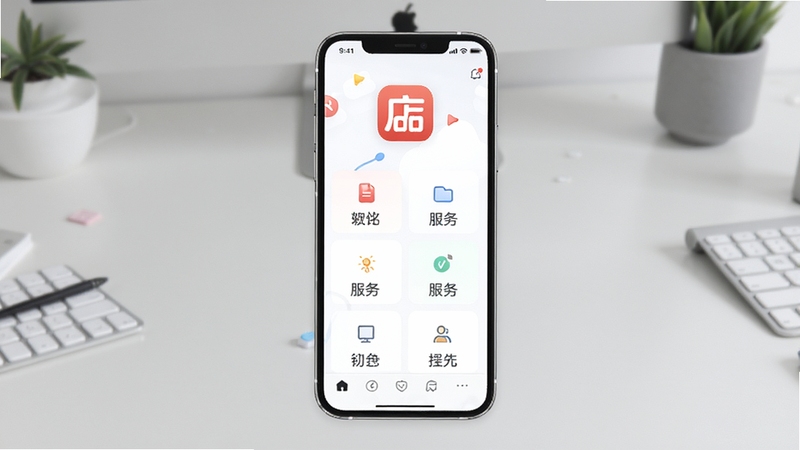 店铺服务宝软件主界面全貌展示,手机屏幕居中放置,背景为简洁的浅灰色办公桌面,屏幕上清晰呈现店铺服务宝的图标与功能模块布局,整体风格现代清爽,适配Boogu模型生成