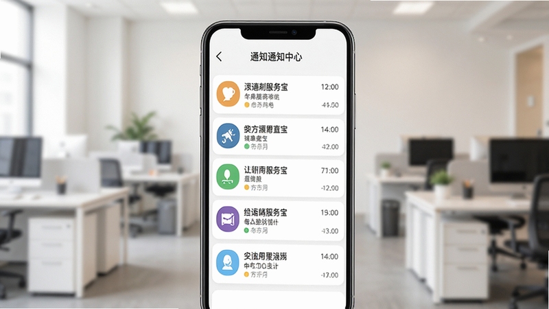 店铺服务宝通知中心界面展示,手机屏幕上排列整齐的通知列表,每条通知带有图标与时间标签,背景为浅色办公环境,整体氛围专业有序