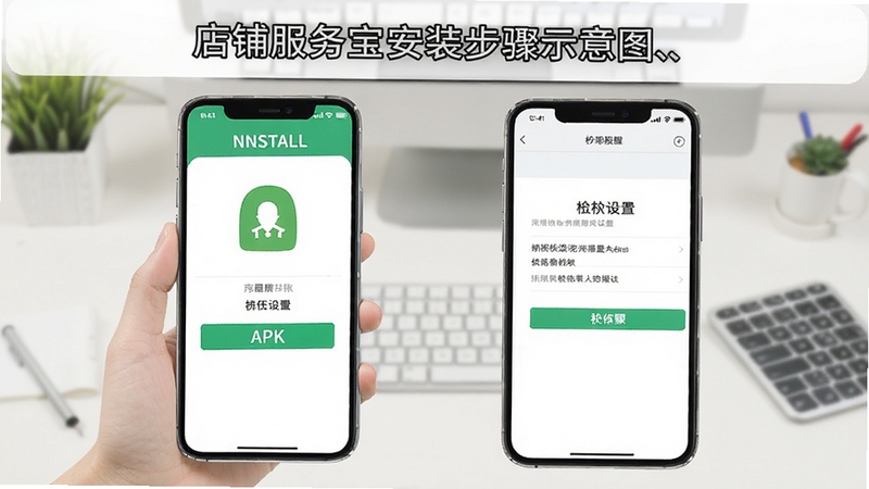 店铺服务宝安装步骤示意图,手机屏幕展示APK安装界面与权限设置页面,背景为简洁的桌面环境,画面清晰直观
