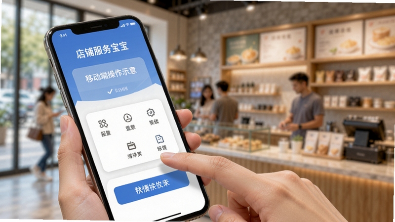 店铺服务宝移动端操作界面示意,手指轻触手机屏幕上的功能按钮,背景虚化为店铺场景,突出移动端便捷操作的特点