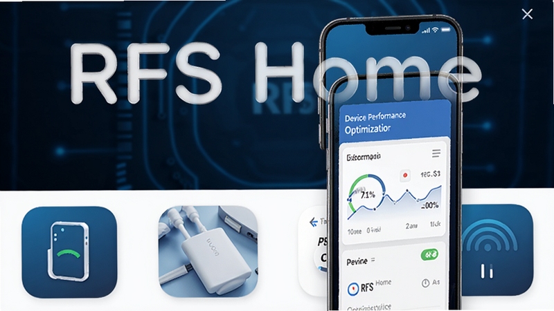 RFS Home 软件界面展示,手机屏幕上显示设备性能优化面板,蓝色科技风格,简洁现代 UI 设计,背景为深色渐变,突出软件名称 RFS Home 字样,高清细节,适合应用商店宣传图