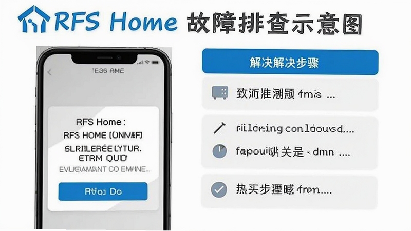 RFS Home 故障排查示意图,手机屏幕显示错误提示与解决步骤列表,界面风格简洁清晰,配色为灰白与蓝色,突出 RFS Home 标志,适合教程类文章配图