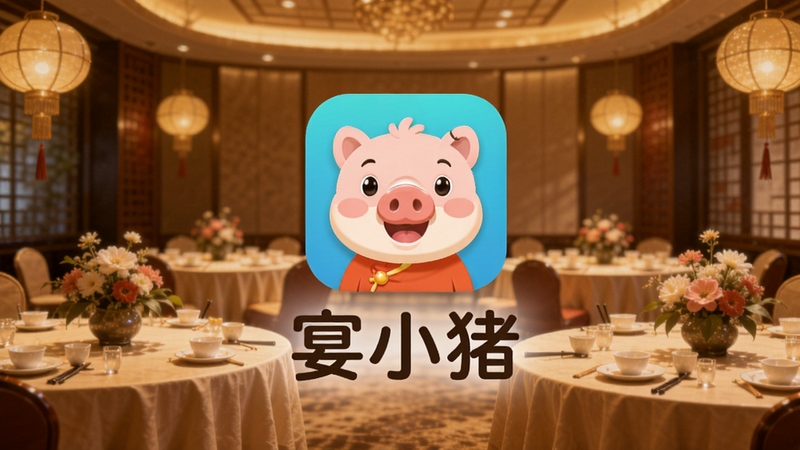 宴小猪品牌形象展示图,画面中央为宴小猪软件图标与名称字样,背景为温馨的中式宴会厅场景,暖色调灯光,圆桌与花艺装饰点缀,整体风格简洁大气,适配Boogu模型生成