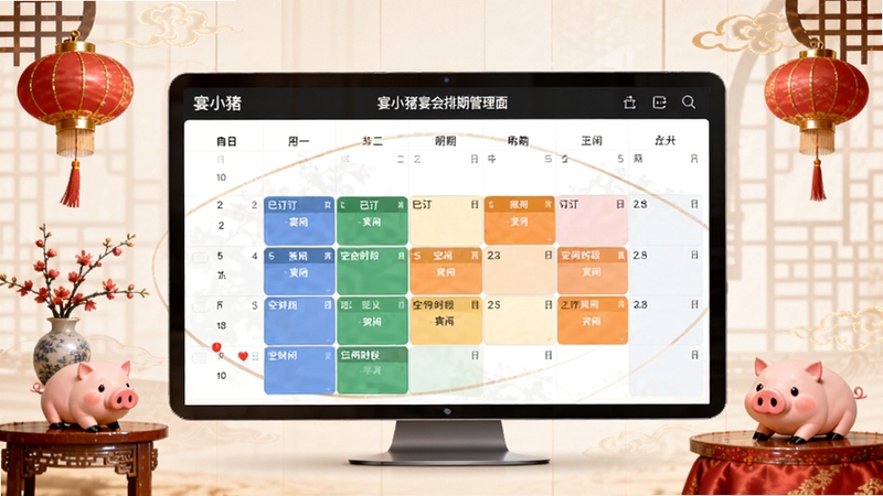 宴小猪宴会排期管理界面概念图,画面展示电子化档期日历表格,不同颜色标注已订与空闲时段,周围环绕中式宴会厅元素,风格商务简洁,适配Boogu模型生成