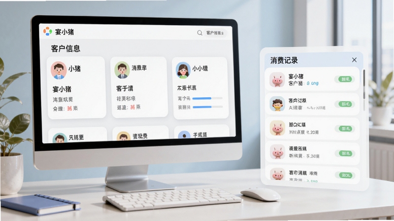 宴小猪客户档案管理模块示意图,画面呈现客户信息卡片与消费记录列表,背景为现代化办公桌面,风格清新明快,适配Boogu模型生成