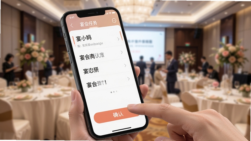 宴小猪移动端操作场景图,画面展示手机屏幕上的宴会任务列表界面,手指正在点击确认按钮,背景为宴会厅现场虚化画面,风格真实自然,适配Boogu模型生成
